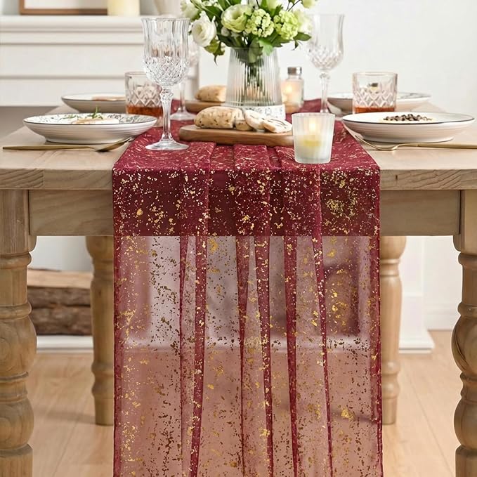Artoid Mode 6PC Burgundy Gold Gauze Table Runner 120 Inch 10FT, Glitter Metallic Foil Sheer Dining Wedding Anniversary Holiday Birthday Table Decor for Home Party