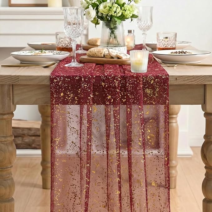 Artoid Mode 10Pcs Burgundy Gauze Gold Table Runner 10FT, Glitter Metallic Foil Sheer Dining Wedding Anniversary Holiday Table Decor for Home Party