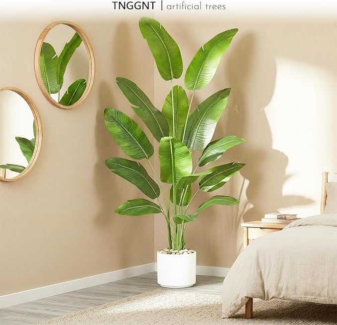 Artificial Bird of Paradise Plant: 7FT Faux Traveler's Palm Fake Banana Tree Elephant Ear Leaf Tall Silk Floor Plant in White Pot for Home Decor Indoor Office Entryway Balcony Patio Cafe Hotel