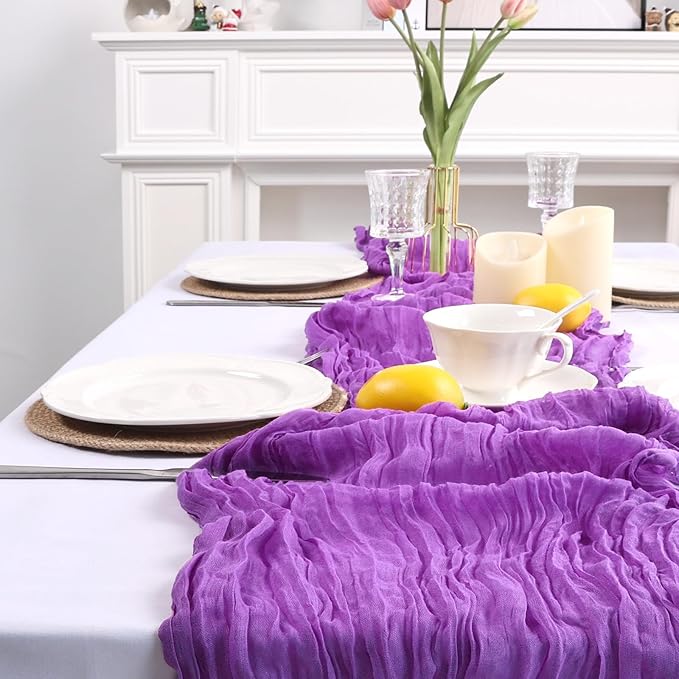8 Pack Purple Cheesecloth Table Runner 10ft Boho Gauze Fabric 120 Inch Cheese Cloth Table Runner Rustic Sheer for Spring Holiday Baby Shower Party Décor Home Wedding Decoration