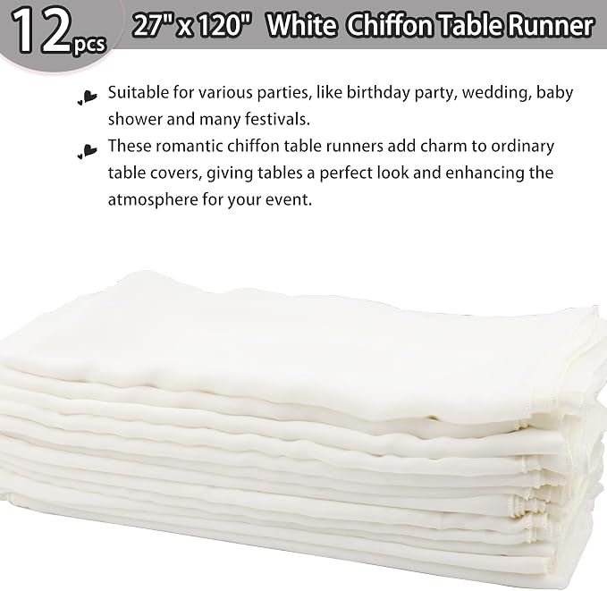 Fivenl 12 Packs White 10Ft Chiffon Table Runner 27x120 Inches Sheer Chiffon Table Runner Romantic Boho Rustic Wedding Table Runner for Wedding Birthday Party Decor Bridal Baby Shower Table Decoration