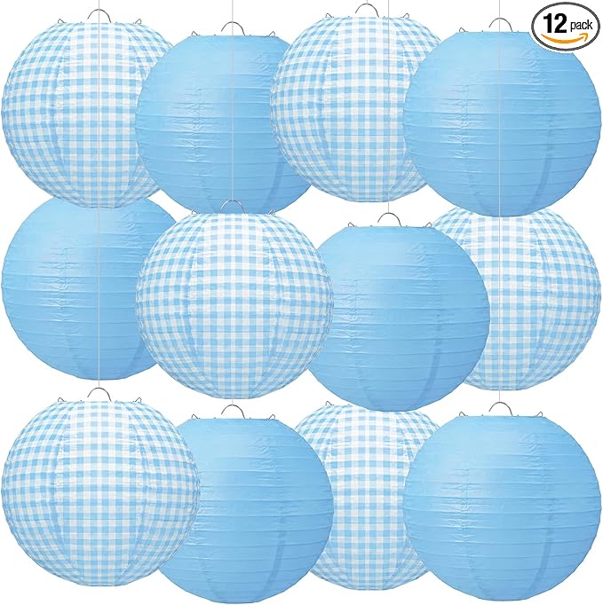Honoson 12 Pcs Blue Gingham Paper Lanterns 10 Inch White and Blue Checkered Plaid Round Chinese Hanging Lanterns for Baby Boy Shower Wedding Birthday Picnic BBQ Decoration