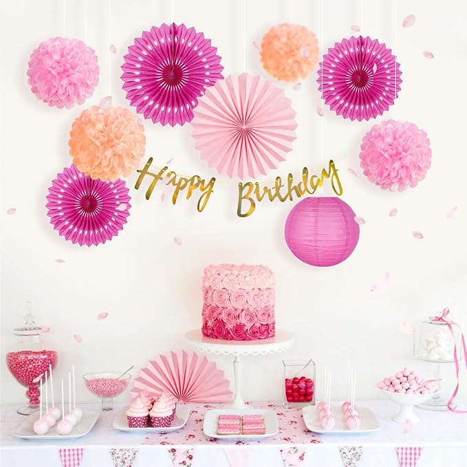 SUNBEAUTY Hot Pink Birthday Party Decorations for Girls Women with Happy Birthday Banner Hot Pink Paper Fans Tissue Pom Poms Lantern Decorations Birthday Decorations Kit