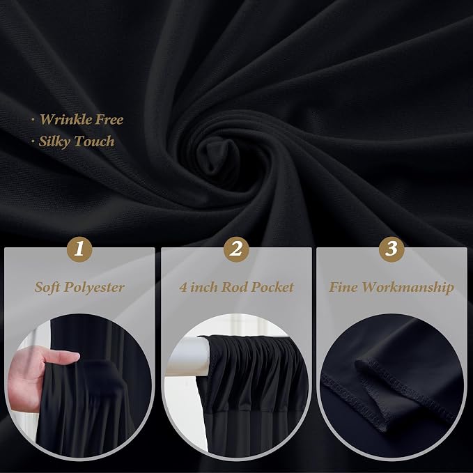 10ftx12ft Wrinkle Free Black Backdrop Curtain, 2 Panels 12FT Long Wedding Photo Backdrop Drapes, Silky Polyester Back Drop Cloth for Birthday Photography Background Party Backdrop Draping