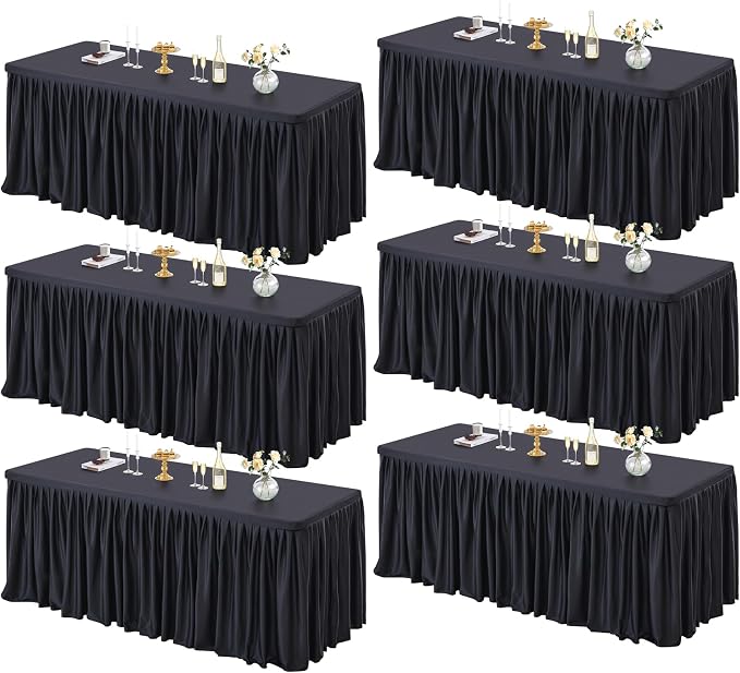 PARTISKY 6 Pack Black Tablecloths for Rectangle Tables 6ft, Wrinkle Resistant Black Table Cover Fitted Stretch Table Cloth with Pleated Ruffle Skirts for Party Banquet Dining Birthday Wedding