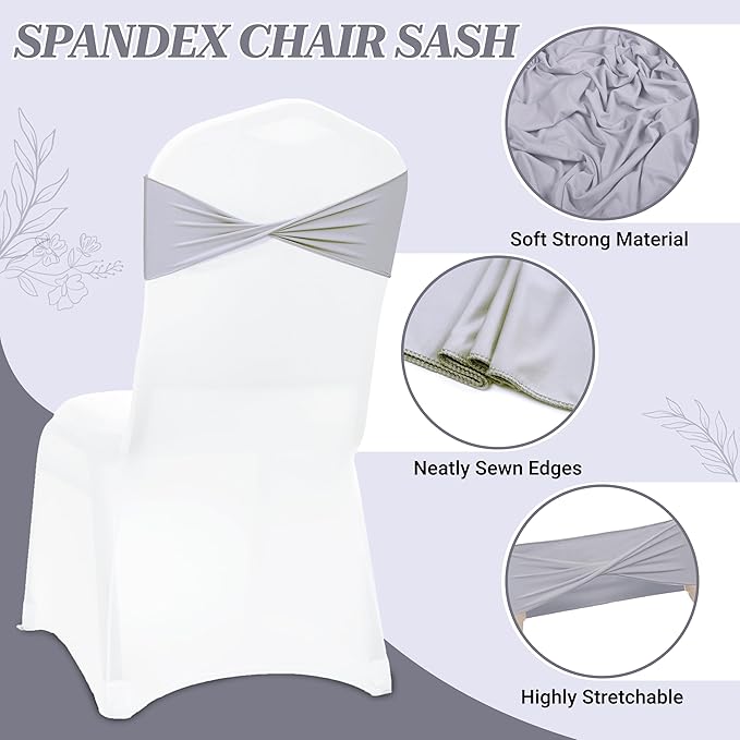 MDS Pack of 100 Spandex Chair Sashes Bows Elastic Stretch Dining Chair Bands Ties Without Slider Buckle Universal fits for Wedding Baby Shower Birthday Party Banquet Event Decoration - Light Silver