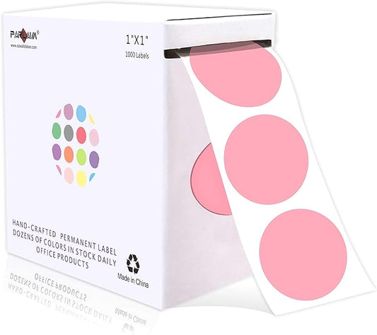 PARLAIM 1 Inch Round Permanent Adhesive Color-Code Dot Stickers,1000 per Roll dots Label Dispenser Box,Pink Circle Stickers Label