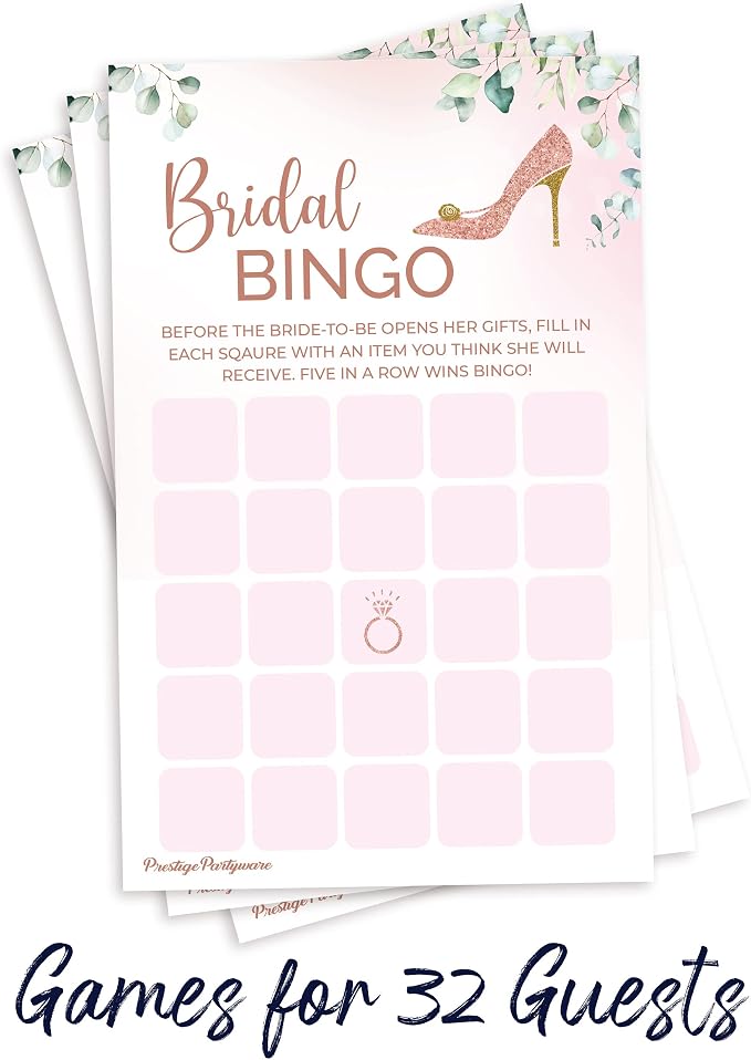 Prestige Bridal Shower Games (32 Guests) | 5 Wedding Games, Rose Gold Decorations Greenery Theme, Would She Rather, He Said Bingo, Rustic Advice Cards, Emoji Favors Prizes Decor (32 Set)