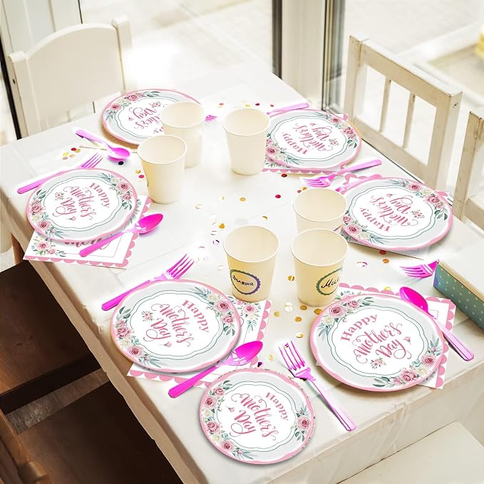 chiazllta 96 Pcs Happy Mother's Day Party Paper Plate and Napkins Set - 24 Guests, Pink, Spring Floral Design, Serves 24, Best Mom Ever Theme
