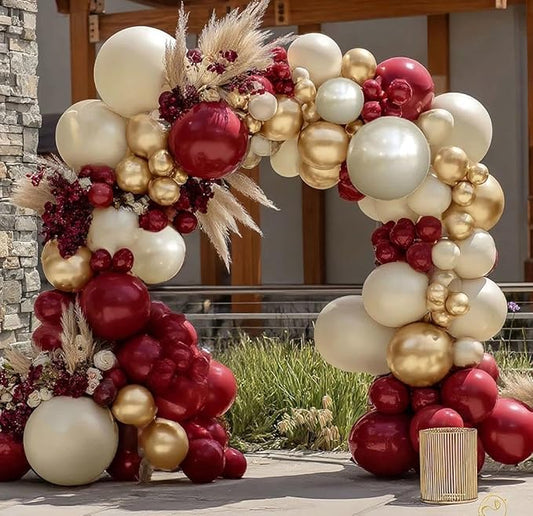Burgundy Gold Balloons Garland Double Stuffed Wine Red Sand White Metallic Gold Latex Balloons Arch Kit for Bridal Wedding Mother's Day Anniversary Baby Shower Birthday Party Decorations