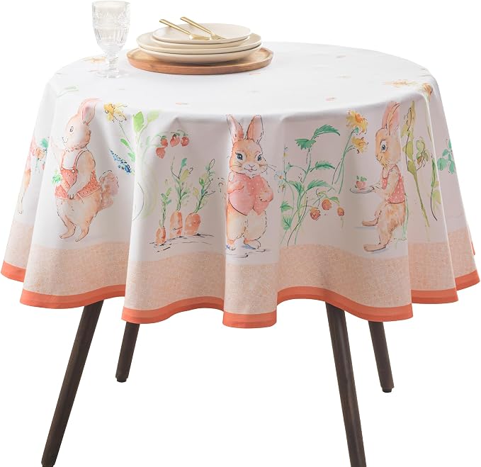 Maison d' Hermine Table Cloth Round Table 100% Cotton 69 Round Inches Tablecloth Reusable Decorative for Dining Kitchen Room Farmhouse Party Home Hotel Restaurant Spring Summer - Bunny Party
