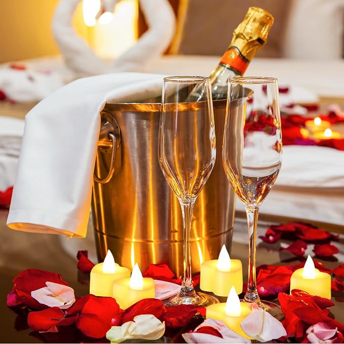Coume 120 Pcs Romantic LED Heart-Shaped Candles with 6000 Rose Petals Set, Perfect for Weddings, Anniversaries, Home Decor, Date, Valentine’s Day, Battery-Operated, Reusable (Warm White Light)