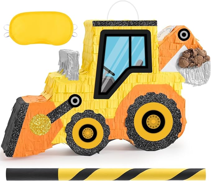 WERNNSAI Construction Piñata - Construction Party Supplies Dump Truck Piñata with Blindfold and Bat for Boys Kids Tractor Excavator Theme Birthday Party Game Decorations (16.5" x 10.4" x 3")
