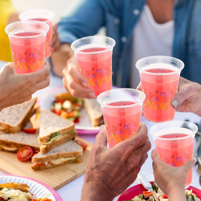 Hushee Tulips 60 Pcs Party Cups 16 oz Plastic Disposable Drinking Cups for Birthday Love Baby in Bloom Baby Shower Summer Fresh off The Market Bridal Shower Decorations Supplies