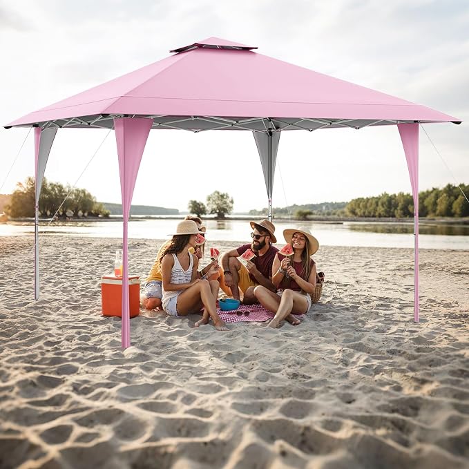 Tangkula 13x13 FT Pop Up Gazebo, UPF50+ Outdoor Sunshade Shelter with Carrying Bag, 8 Stakes, 4 Wind Ropes, Foldable Outdoor Gazebo for Beach Party Event Camping (Pink)