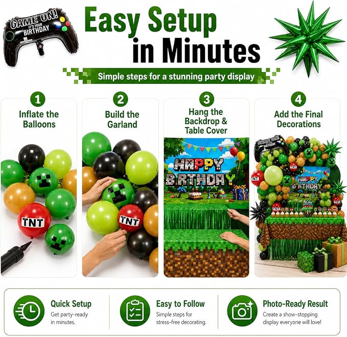 Pixel Game Birthday Party Decorations, “Game On” Pixel Theme Party Supplies Kit for Boys & Girls —131 Pcs Balloons, Backdrop, Curtain, Table Cover, Cake Toppers