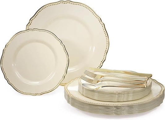 " OCCASIONS " 150pcs set (25 Guests)-Wedding Plastic Plates & cutlery -Disposable heavyweight Dinnerware 10.25'', 7.5'' + Silverware w/double fork (Rochelle Ivory & Gold)