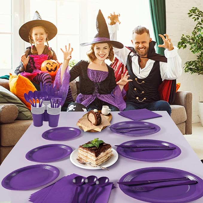 Purple Paper Plates Party Supplies,168pcs Purple Plates and Cups and Napkins Set for Mardi Gras Birthday Decorations Disposable Dinnerware Sets for Women Serve 24