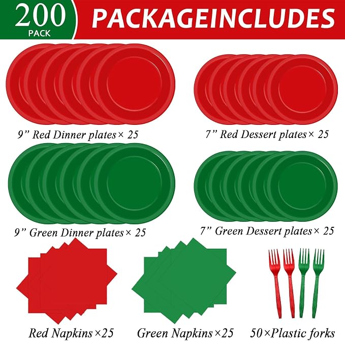 gisgfim 50 Guests Christmas Party Supplies Red and Green Plates and Napkins Plastic Forks Holiday Tableware Xmas Paper Plates for Christmas Party 200PCS