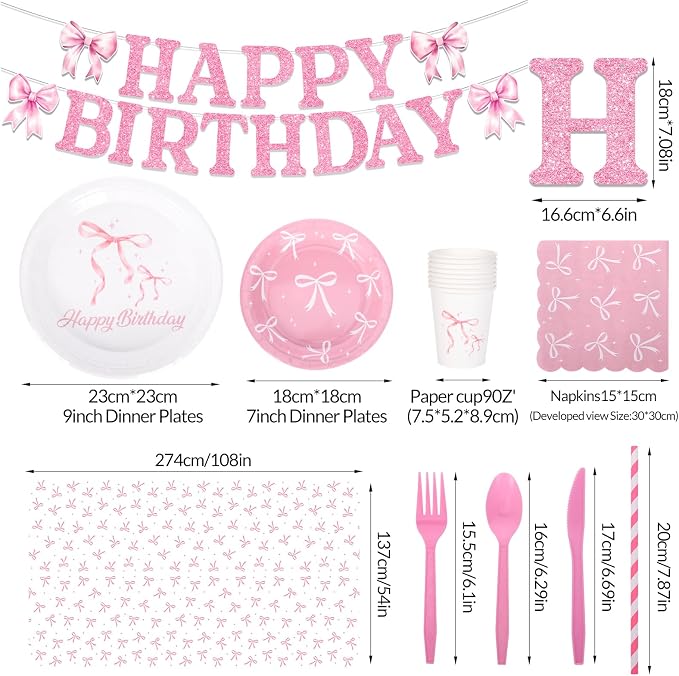 194 Pcs Pink Bow Party Decorations Coquette Birthday Decorations Bow Paper Plates Napkins Cups Forks Tablecloth Banner Bow Theme Tableware Serve 24