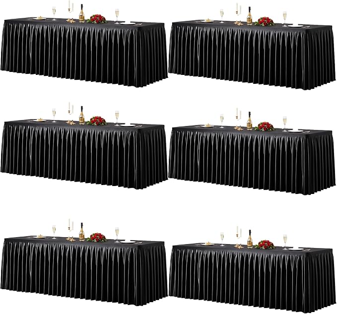 6 Packs Black Satin Tablecloths Rectangle 6FT, Glitter Fitted Stretch Table Covers Wrinkle-Free Floor Length Shimmer Table Skirt for Weddings Parties Baby Shower Banquets Vendor Events