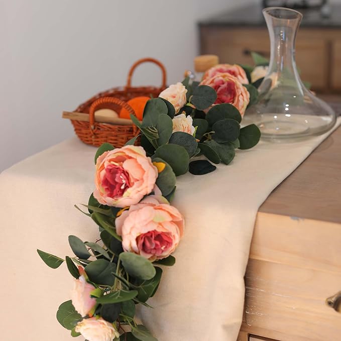 MISSPIN 2pcs Artificial Flowers Garland Spring Eucalyptus Garland Vintage Fake Flower Peony Rose Vine Greenery Decorative Wall Hanging Plant for Wedding Arch Door Arrangement Party Decor