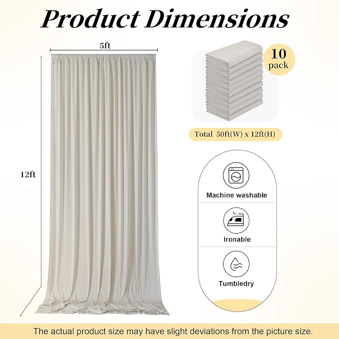 50ft x 12ft Wrinkle Free Beige Backdrop Curtains for Parties, Silky Photo Backdrop Drapes 12FT Long Back Drop Cloth for Wedding Birthday Photography Background Decor