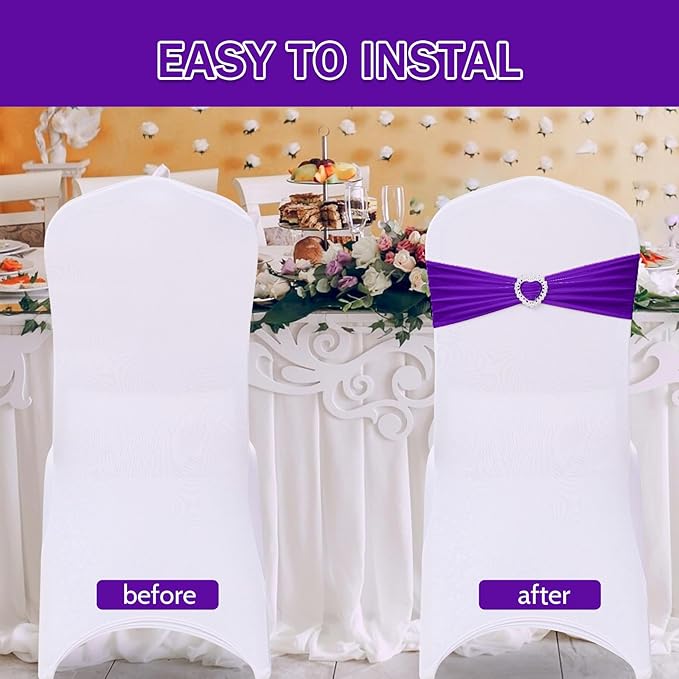 Howhic Pack of 60 Spandex Chair Sashes Bows Stretch Cover Band with Buckle Slider Universal Elastic Chair Ties for Wedding Banquet Party Event Decoration (Purple)
