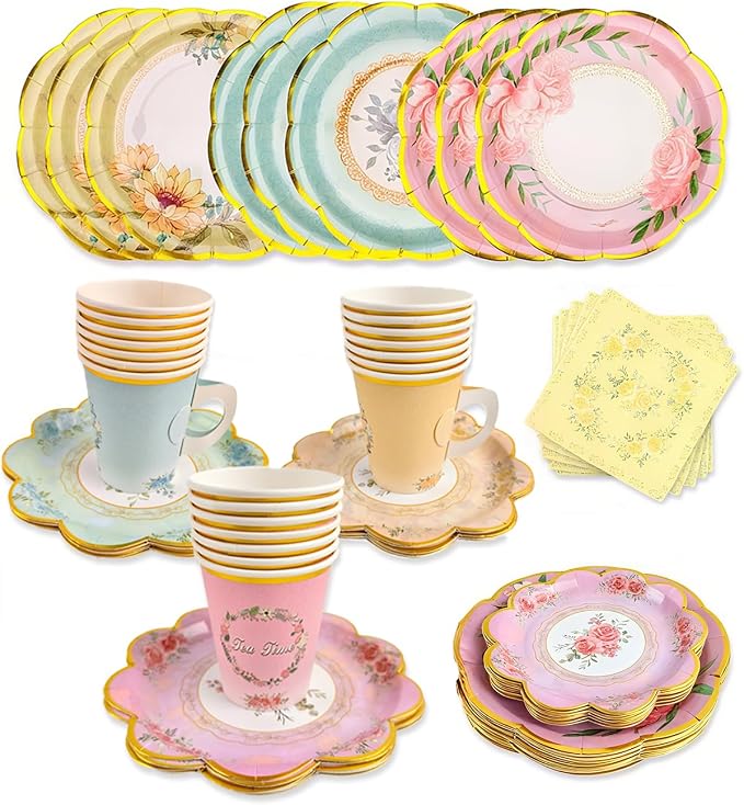 240 Pcs 48 SetsTea Party Supplies Floral Paper Tea Cups and Saucers, Disposable Teacup with Handle, 9'' ＆ 7'' Paper Plate Napkin, for Birthday, Baby Shower, Wedding Father's Day Decorations