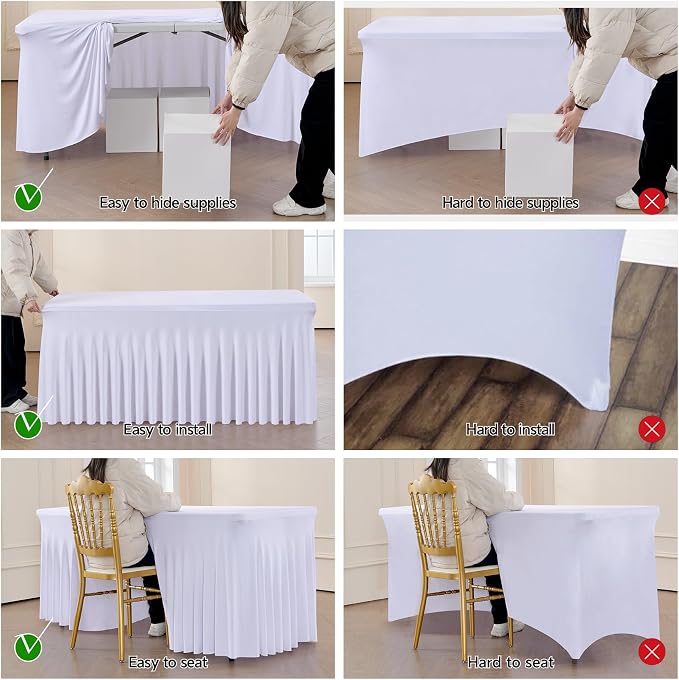 Outpain White Spandex Table Clothes for 6 Foot Rectangle Tables-8Pack 6FT Spandex Fitted Table Cover, Wrinkle Free Tablecloths with Skirt for Parties, Wedding, Birthday, Banquet, Festival