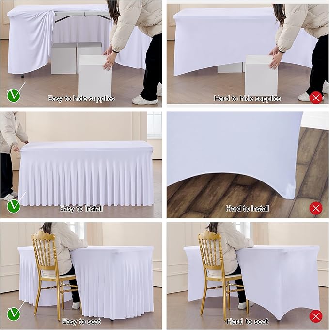 leegleri 8 Pack White Spandex Table Clothes for 6 Foot Rectangle Tables, Wrinkle Free 6ft Fitted Table Cover, Spandex Table Skirt for 6FT Rectangle Tables-for Banquet Weddings Parties