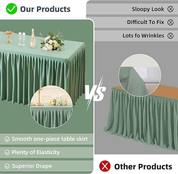 PARTISKY 2 Pack Sage Green Tablecloths for Rectangle Tables 6ft, Wrinkle Resistant Spandex Table Cover Fitted Stretch Table Cloth with Pleated Ruffle Skirts for Party Banquet Dining Birthday Wedding