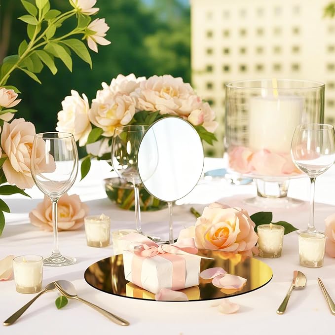24PCS Gold Round Mirror Plates for Centerpieces, 6" Flat Gold Circle Mirror Trays for Table Decor, Acrylic Mirror Candle Plates for Table Centerpieces, Wedding Party Event Decorations, Home Decor