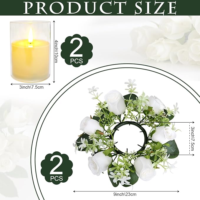 2 Sets Rose Candle Rings with LED Flameless Candles - 3 Inch Wedding Centerpiece Artificial Roses Eucalyptus Wreaths for Pillar Candleholders Wedding Banquet Decor, White