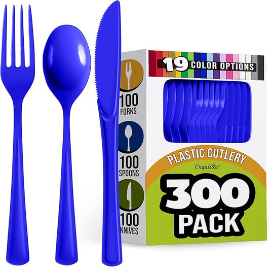 Party Solids Dark Blue Plastic Silverware Heavy Duty 300 Pieces Dark Blue Disposable Silverware Heavy Duty, Utensil Sets, 100 Of Each Forks, Knives & Spoons Disposable Cutlery Set For Party Supplies