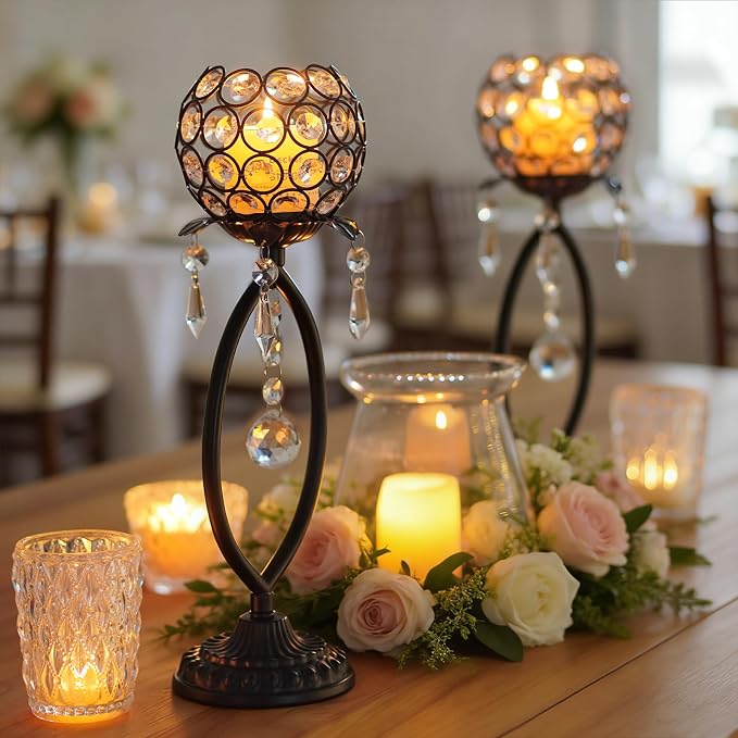 2 Pcs Elegant Metal Crystal Tea Light Candle Holders with Crystal Pendants, Hollow Design - Wedding Table Centerpieces for Anniversary Birthday Party, Home Decor (2, Black)
