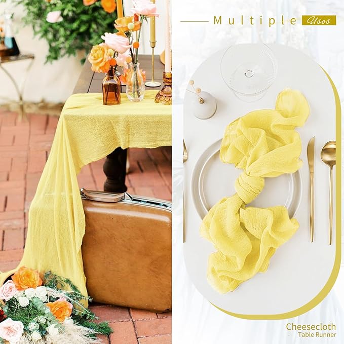 6 Pack Light Yellow Cheesecloth Table Runner Gauze - 10FT Long Semi-Sheer Boho or Rustic Wedding Table Decor for Wedding Decor Arch Draping Bridal Shower Holiday Party