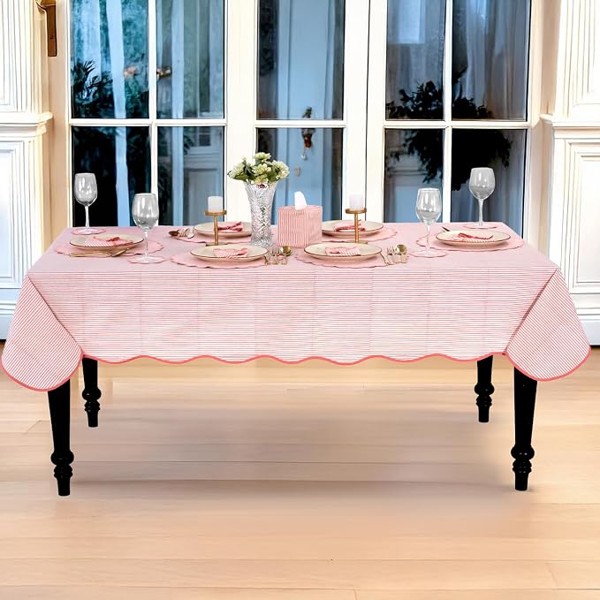 Ridhi Blush Coral Stripe Block Print 70x108 Rectangle Tablecloth Table Cover for Dining Tables, Handcrafted Farmhouse Kitchen Decor, Washable, Decorative Tablecloths for Spring, Easter, Valentine