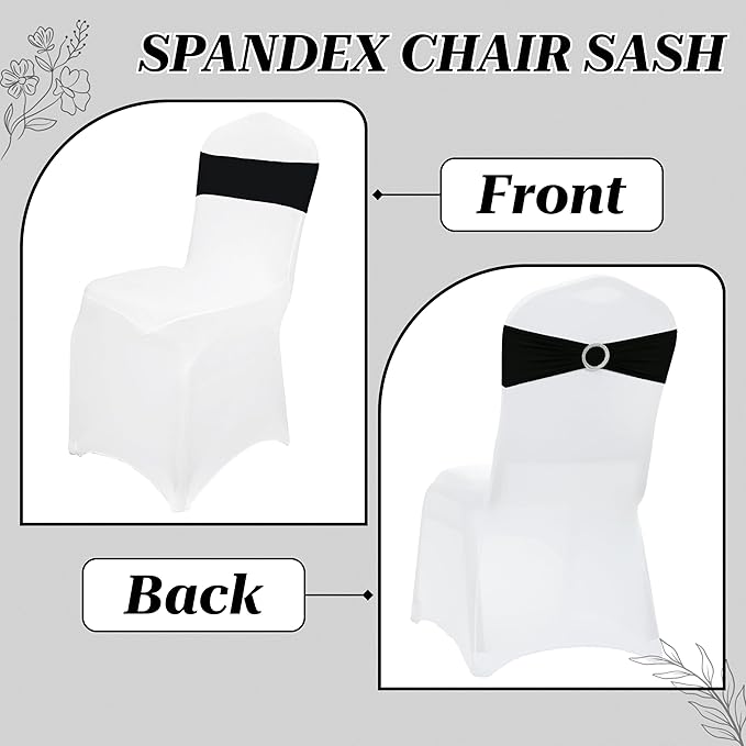 VDS - Black | Spandex Chair Sashes Bows | 125 PCS | Stretch Elastic Banquet Universal Folding Chair Band Tie with Silver Buckle Slider for Wedding Party Conference Celebration Event Decoration