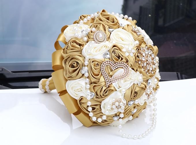 Ivory and Gold Bridal Wedding Bouquet with Rhinestone Brooch Pearl String Cascade Bouquet for Bride Bridesmaid Quinceanera Satin Rose Flower Bouquet Wedding Gold and Ivory 8.7in