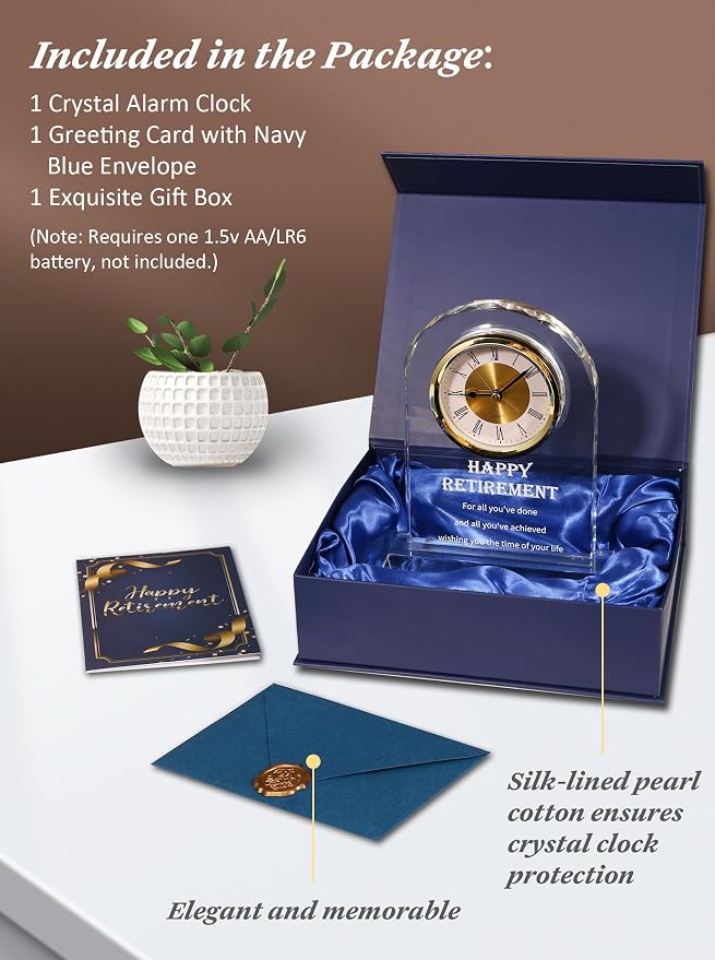 Crystal Retirement Alarm Clock Gifts for Men Women, Happy Retirement Plaque for Coworkers, Boss, Going Away Gift for Retired Friends, Farewell Goodbye Presents for Doctors Nurses Teacher