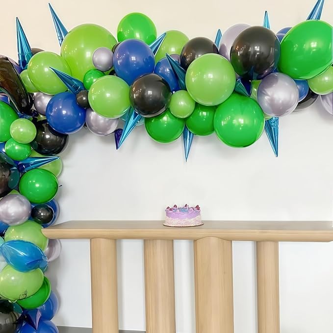 Video Game Balloon Arch Garland Kit, 125pcs Dark Blue and Green Black Silver Balloon with Royal Blue Silver Explosion Star Foil Balloons for Boys Gaming Night Birthday Baby Shower Party Decorations