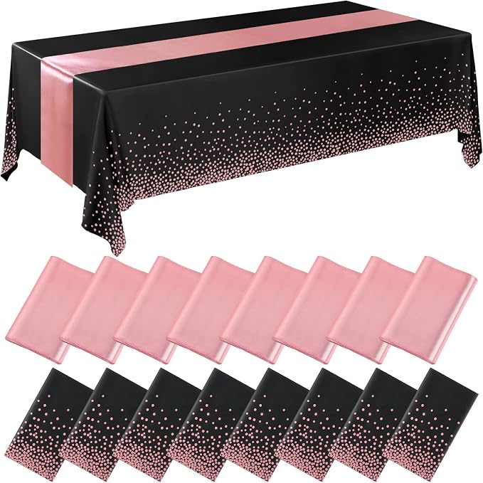 Tudomro 16 Pcs Black and Rose Gold Disposable Plastic Tablecloths and Satin Table Runner Set 54x108 Inch Tablecloth 12x108 Inch Table Runners for New Year Wedding Birthday Baby Shower Graduation