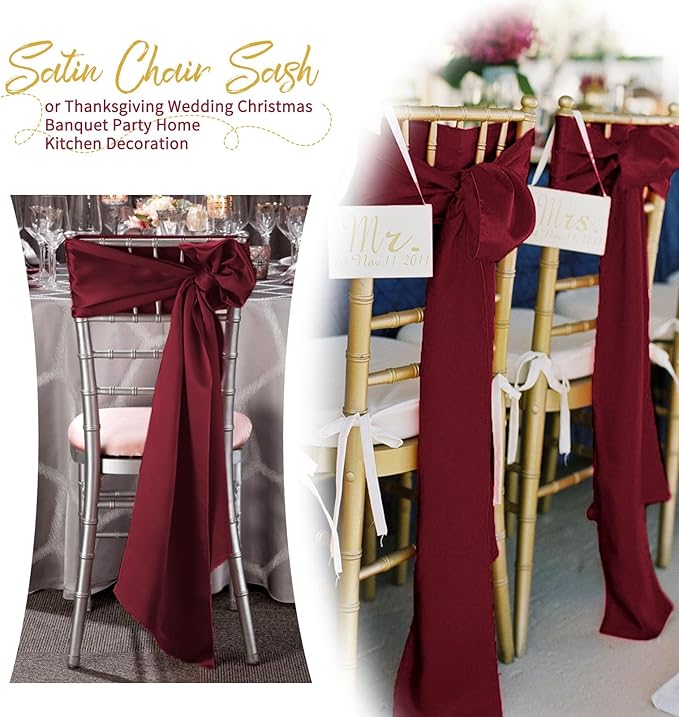 120 PCS Burgundy Satin Chair Sashes, Ties Bows Designed Chairs Decorative, Chair Cover Sashes for Thanksgiving Wedding Christmas Banquet Party Home Kitchen Decoration (7 x 108 inch)