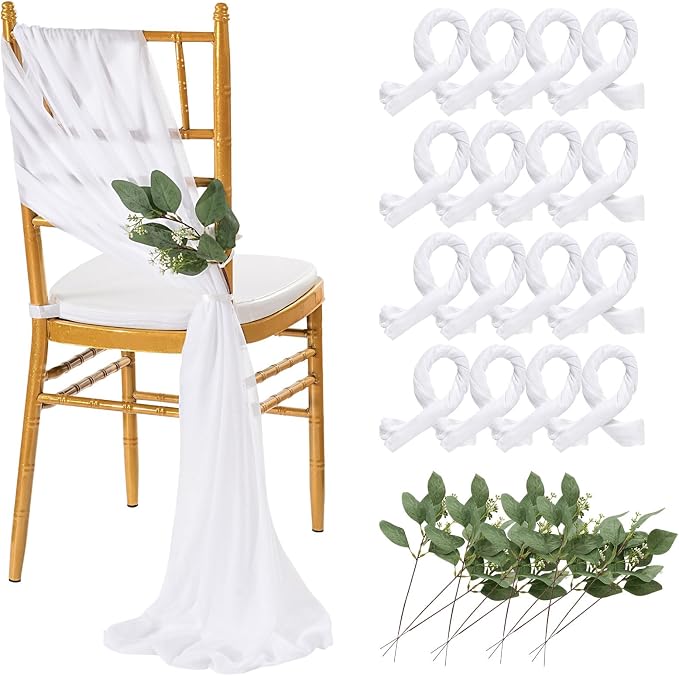 QueenDream White Chair Sashes Wedding: 16 Pieces Long Sheer Wedding Aisle Chair Decorations Tulle Chairs Covers with Artificial Eucalyptus