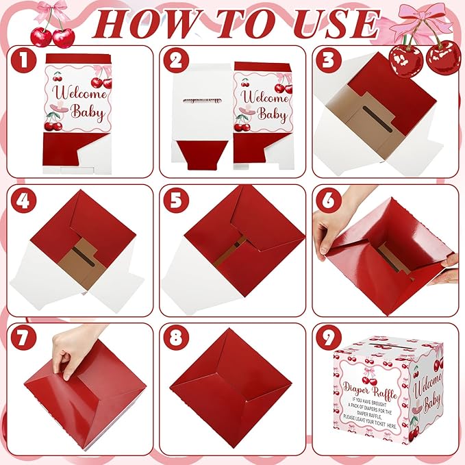 Teling 51 Pieces Diaper Raffle Tickets with Card Box Baby Shower Decorations Gender Reveal Holder Box for Girl Boy Diaper Raffle Party (Cherry Theme Pattern)