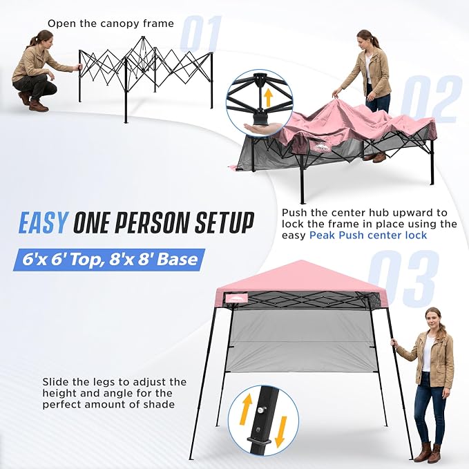 EAGLE PEAK 8x8 Pop Up Canopy Tent with Sidewall, Compact, Portable Slant Leg Instant Sun Shelter for Beach, Sports, & Camping, 8x8 Base 6x6 Top, Tender Pink