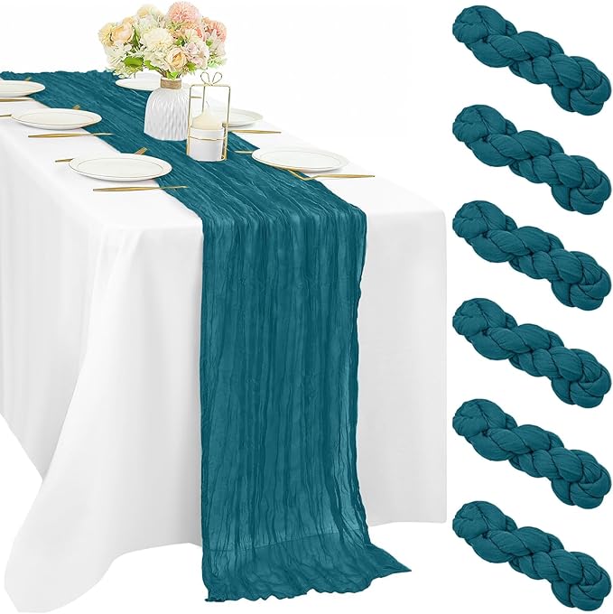 Teal 6 Pieces Cheesecloth Table Runner 10FT Runner for Tables Gauze Fabric Boho Table Runner Decoration Rustic Sheer Runner for Wedding Shower Birthday Party Table Arbor Decor (35 x 120 Inches Long)