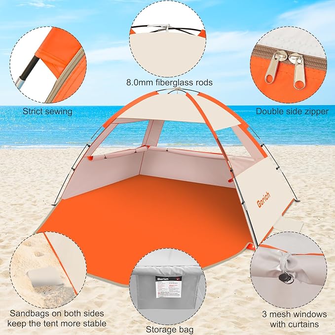 Gorich Beach Tent Sun Shelter for 3/4/6/8/10 Person with UPF 50＋ UV Protection, Lightweight & Easy Setup Beach Shade Canopy, Portable Beach Shade Tent Beach Cabana