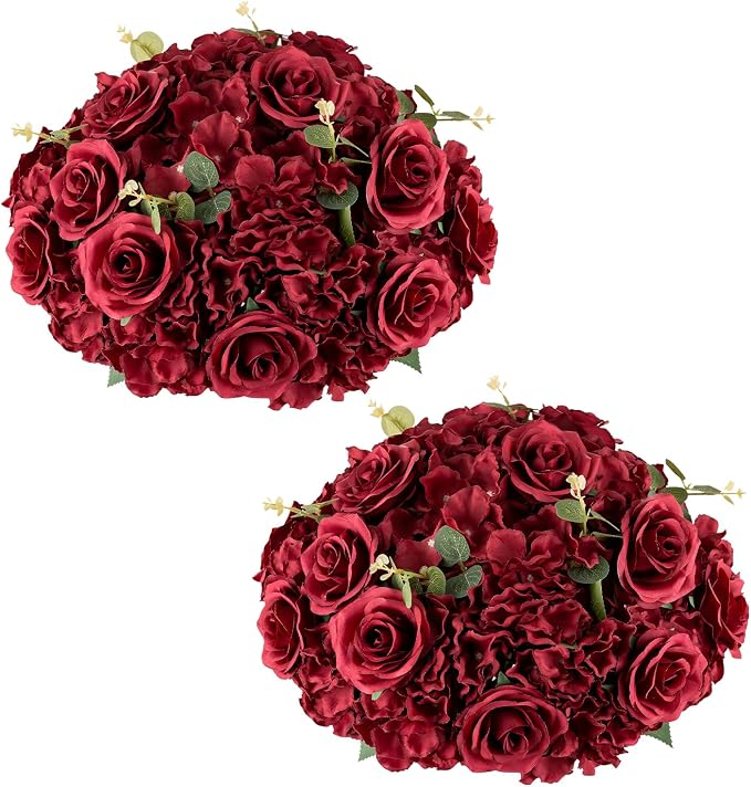 Red Roses Flowers Balls for Centerpieces: 2 PCS 15.7" Diam Flower Centerpieces for Tables in Wedding Reception Decorations Arrangement for Party Celebration Planners